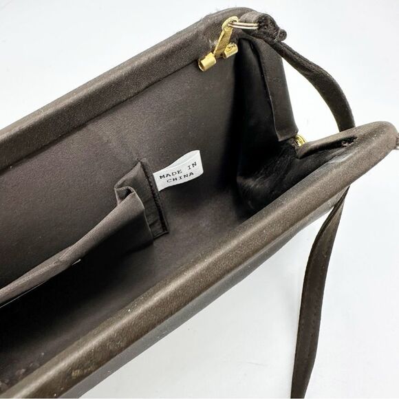 Vintage 1950’s Brown‎ Silky Convertible Evening Clutch Bag Gold Crystal Clasp - Picture 7 of 14